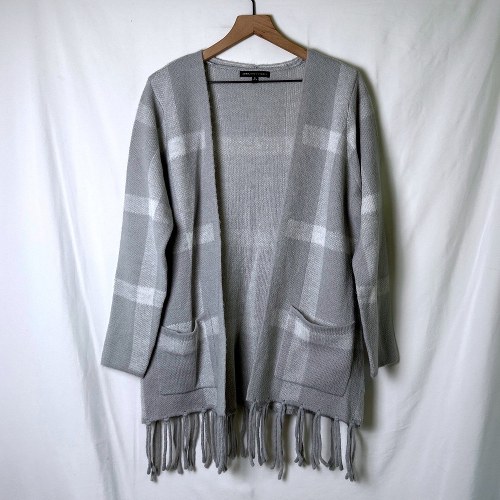 Adrienne Vittadini Womens Plaid Fringe Open Front Cardigan Size M Grey